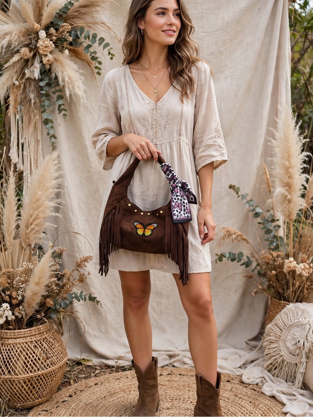 Universal Thread Brown Suede Fringe Shoulder Bag with Butterfly Accent